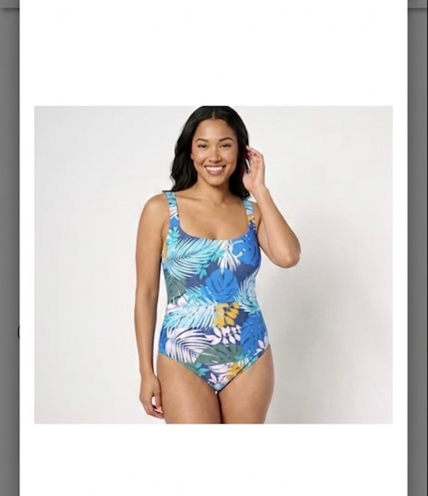 Jantzen Jolie Blue Palm Adjustable Straps Black Swimsuit 14